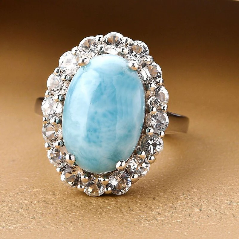 Larimar Und Weißer Topas-Ring, 925 Silber Platiniert, (Größe 16.00) Ca. 8.93 Ct 4 Larimar Und Weißer Topas-Ring, 925 Silber Platiniert, (Größe 16.00) Ca. 8.93 Ct – Bild 2