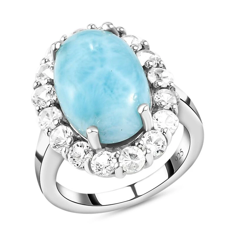 Larimar Und Weißer Topas-Ring, 925 Silber Platiniert, (Größe 16.00) Ca. 8.93 Ct 6 Larimar Und Weißer Topas-Ring, 925 Silber Platiniert, (Größe 16.00) Ca. 8.93 Ct – Bild 4