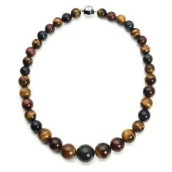 Mehrfarbige Tigerauge-Halskette, Ca. 50 Cm, 925 Silber Rhodiniert Ca. 706,00 Ct