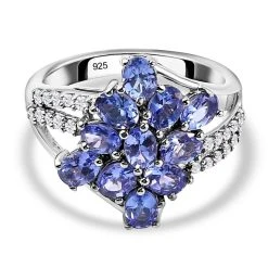 AAA Tansanit Und Weißer Zirkon-Ring, 925 Silber Platiniert (Größe 16.00) Ca. 2.26 Ct