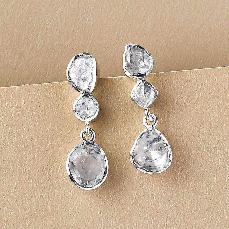 Handgearbeitete, Natürliche Polki Diamant-Ohrringe, 925 Silber Platiniert Ca. 0.50 Ct 4 Handgearbeitete, Natürliche Polki Diamant-Ohrringe, 925 Silber Platiniert Ca. 0.50 Ct – Bild 2