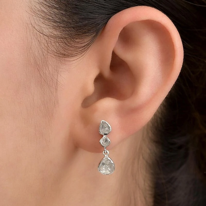 Handgearbeitete, Natürliche Polki Diamant-Ohrringe, 925 Silber Platiniert Ca. 0.50 Ct 5 Handgearbeitete, Natürliche Polki Diamant-Ohrringe, 925 Silber Platiniert Ca. 0.50 Ct – Bild 3