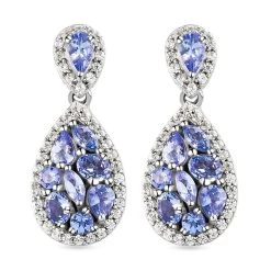 Tansanit Und Weiße Zirkon-Ohrringe, 925 Silber Platiniert Ca. 3.74 Ct