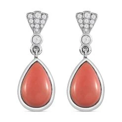 Oregon Pfirsich Opal Und Weiße Zirkon-Ohrringe, 925 Silber Platiniert Ca. 4.48 Ct