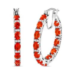 Crimson Feueropal Und Weiße Zirkon-Creolen, 925 Silber Platiniert Ca. 3.46 Ct