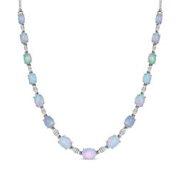 Natürliche, äthiopische Welo Opal Halskette, Ca. 45 Cm, 925 Silber Platiniert Ca. 14,25 Ct