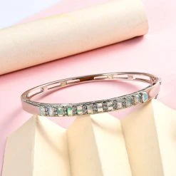 Natürlicher, äthiopischer Welo Opal Und Weißer Zirkon Armreif, Ca. 19 Cm, 925 Silber Platiniert Ca. 2.88 Ct -Schmuck Shoplc 7157878 1