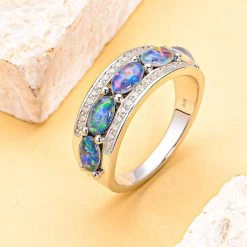 Boulder Opal Triplette Und Weißer Zirkon-Ring, 925 Silber Rhodiniert (Größe 20.00) Ca. 2.05 Ct -Schmuck Shoplc 7159987 1