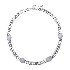 Künstliche, Weiße Katzenaugen Halskette, Ca. 50 Cm, Reiner Edelstahl, Ca. 25,00 Ct