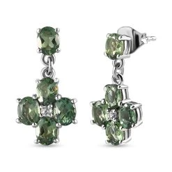 Natürliche, Grüne Apatit Und Weiße Zirkon-Ohrringe, 925 Silber Platiniert Ca. 3.87 Ct