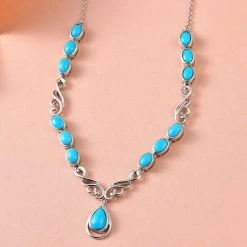 Amerikanisches, Natürliches Sleeping Beauty Türkis Collier, Ca. 45 Cm, 925 Silber Platiniert Ca. 6.73 Ct -Schmuck Shoplc 7187603 2