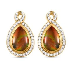 Kanadische Ammolit Und Weiße Zirkon-Ohrringe, 925 Silber Gelbgold Vermeil Ca. 2.85 Ct