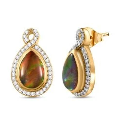 Kanadische Ammolit Und Weiße Zirkon-Ohrringe, 925 Silber Gelbgold Vermeil Ca. 2.85 Ct -Schmuck Shoplc 7199080 3