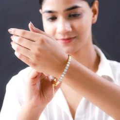 Natürlicher, äthiopischer Welo Opal Und Weißer Zirkon Armreif, Ca. 19 Cm, 925 Silber Vergoldet Ca. 3.58 Ct -Schmuck Shoplc 7199626 2