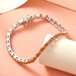 Mexikanisches Crimson Feueropal Und Weißes Zirkon-Armband, Ca. 19 Cm, 925 Silber Platiniert Ca. 4.72 Ct -Schmuck Shoplc 7212505 1