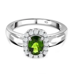 Natürlicher Chromdiopsid Und Weißer Zirkon-Ring, 925 Silber Platiniert (Größe 17.00) Ca. 1.12 Ct