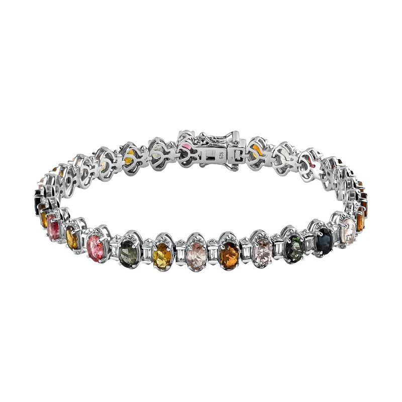 Mehrfarbiges-Turmalin Und Weißes Zirkon Armband, Ca. 20 Cm, 925 Silber Platiniert Ca. 13.95 Ct 3 Mehrfarbiges-Turmalin Und Weißes Zirkon Armband, Ca. 20 Cm, 925 Silber Platiniert Ca. 13.95 Ct