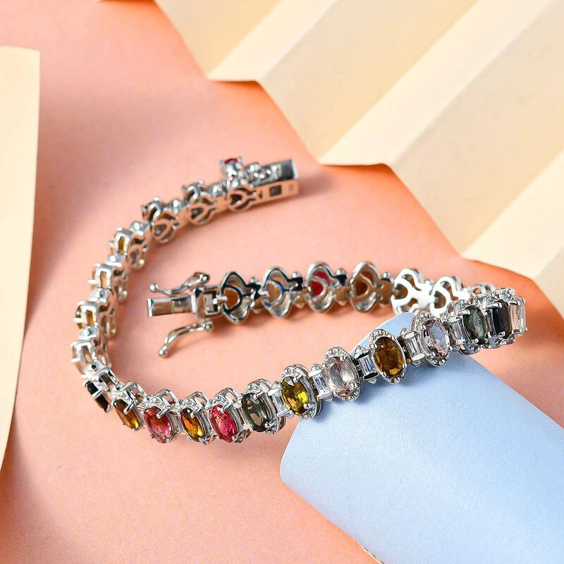 Mehrfarbiges-Turmalin Und Weißes Zirkon Armband, Ca. 20 Cm, 925 Silber Platiniert Ca. 13.95 Ct 4 Mehrfarbiges-Turmalin Und Weißes Zirkon Armband, Ca. 20 Cm, 925 Silber Platiniert Ca. 13.95 Ct – Bild 2