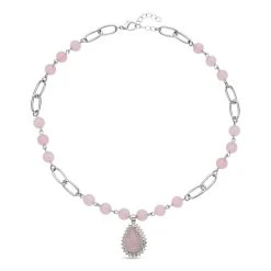 Rosenquarz Collier, Ca. 45 Cm, Silberfarben Ca. 83,00 Ct