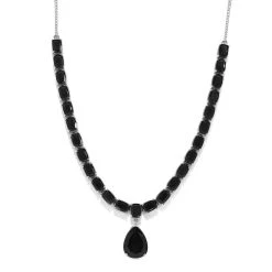 Schwarze Turmalin Halskette, Ca. 45 Cm, 925 Silber Platiniert Ca. 33.82 Ct