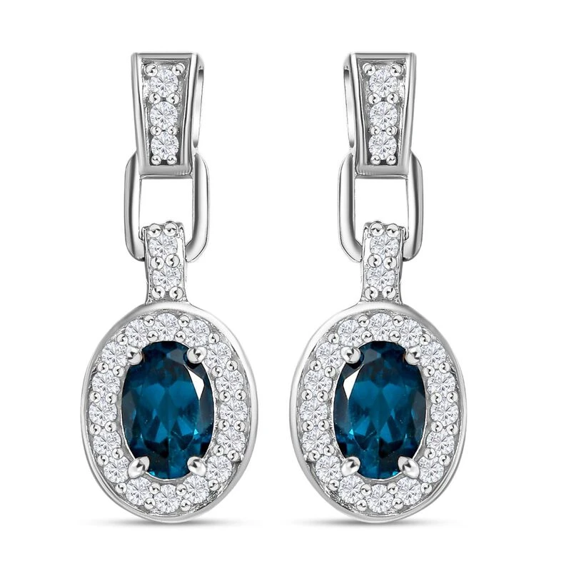 London Blau Topas Und Weiße Zirkon Ohrringe, 925 Silber Platiniert Ca. 9.17 Ct 3 London Blau Topas Und Weiße Zirkon Ohrringe, 925 Silber Platiniert Ca. 9.17 Ct