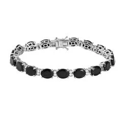 Schwarzes Turmalin Und Weißes Zirkon Armband, Ca. 20 Cm, 925 Silber Platiniert Ca. 32,39 Ct