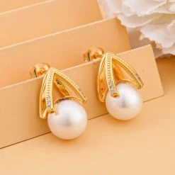 Weiße Edison Perle, Weiße Zirkon Ohrringe, 925 Silber Gelbgold Vermeil Ca. 0.25 Ct -Schmuck Shoplc 7266562 1