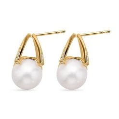 Weiße Edison Perle, Weiße Zirkon Ohrringe, 925 Silber Gelbgold Vermeil Ca. 0.25 Ct -Schmuck Shoplc 7266562 3