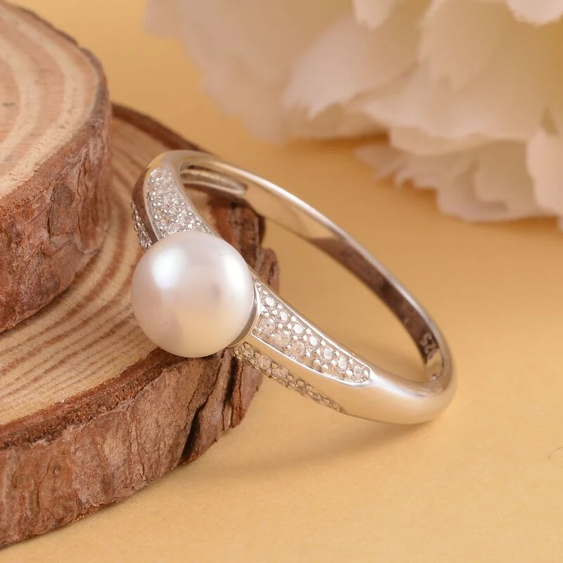 Weiße Süßwasserzuchtperle, Weißer Zirkonia Ring, 925 Silber Rhodiniert, (Größe 20.00), Ca. 0.27 Ct 4 Weiße Süßwasserzuchtperle, Weißer Zirkonia Ring, 925 Silber Rhodiniert, (Größe 20.00), Ca. 0.27 Ct – Bild 2
