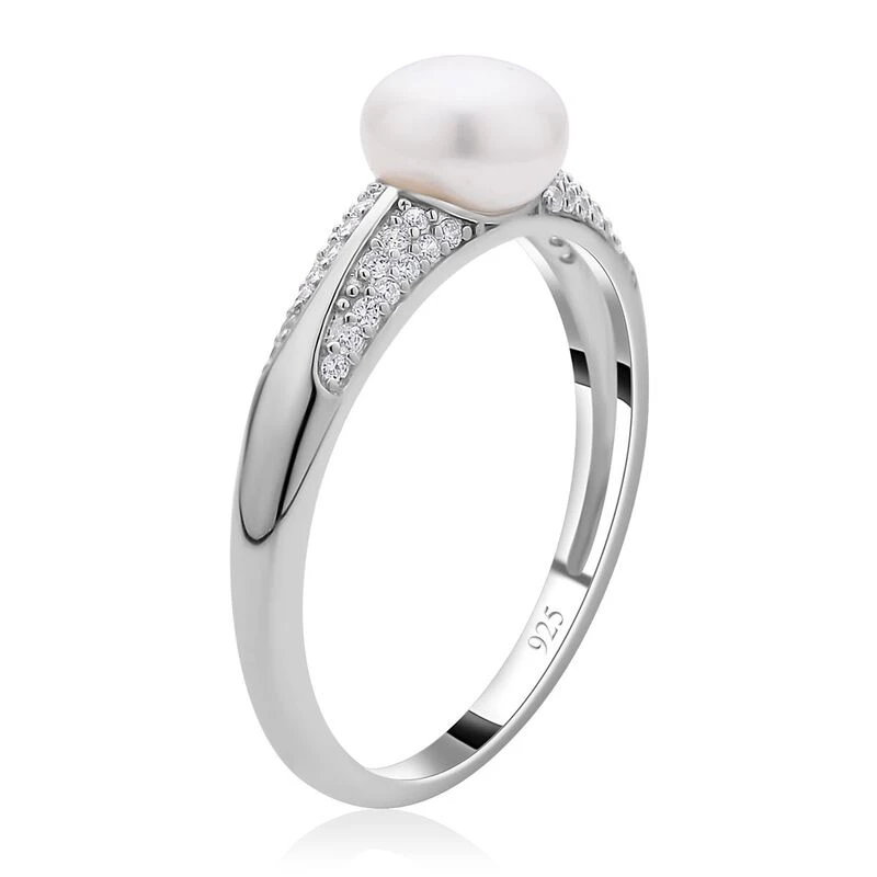 Weiße Süßwasserzuchtperle, Weißer Zirkonia Ring, 925 Silber Rhodiniert, (Größe 20.00), Ca. 0.27 Ct 6 Weiße Süßwasserzuchtperle, Weißer Zirkonia Ring, 925 Silber Rhodiniert, (Größe 20.00), Ca. 0.27 Ct – Bild 4