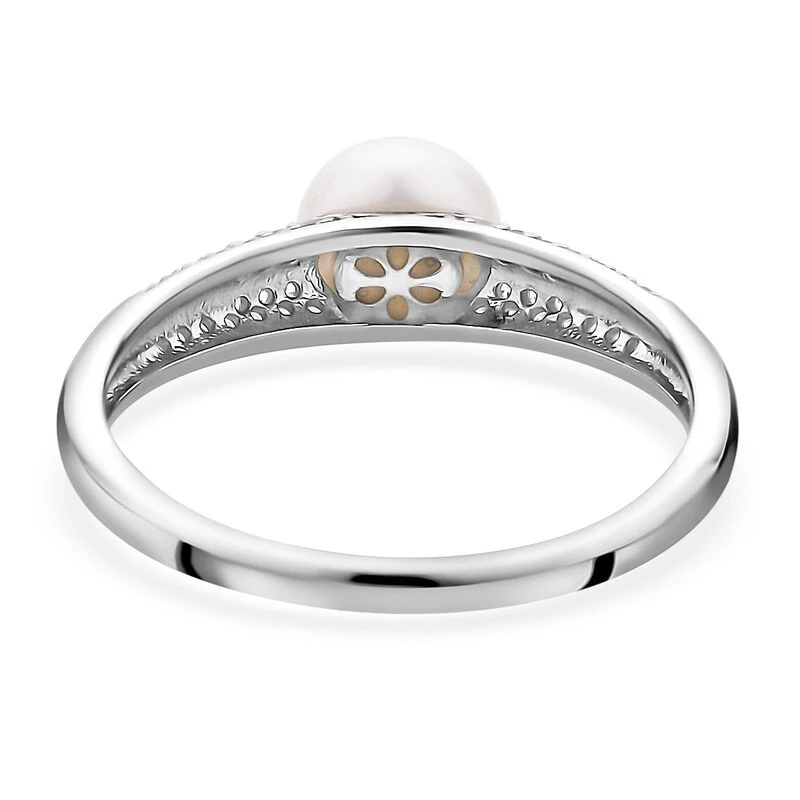 Weiße Süßwasserzuchtperle, Weißer Zirkonia Ring, 925 Silber Rhodiniert, (Größe 20.00), Ca. 0.27 Ct 7 Weiße Süßwasserzuchtperle, Weißer Zirkonia Ring, 925 Silber Rhodiniert, (Größe 20.00), Ca. 0.27 Ct – Bild 5