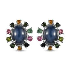 GP Celestial Kollektion - Blauer Stern Saphir (Diffundierter) Und Mehrfach-Turmalin Ohrringe, 925 Silber Platiniert Ca. 6.96 Ct