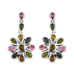 Mehrfarbige-Turmalin Ohrringe, 925 Silber Platiniert, Ca. 6.15 Ct
