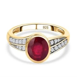 Afrikanischer Rubin (Fissure Gefüllt), Weißer Zirkon Ring 925 Silber Vergoldet (Größe 19.00) Ca. 2,91 Ct