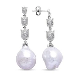GP Regina Kollektion - Weiße Barockperle, Blaue Saphir Und Weiße Zirkon Ohrringe, 925 Silber Rhodiniert Ca. 0.37 Ct