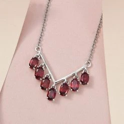 Rotes Granat Collier, Ca. 50 Cm, 925 Silber Mit Edelstahl Kette Ca. 4.21 Ct -Schmuck Shoplc 7303750 2