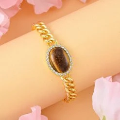 Gelbes Tigerauge, Weißer Kristall Armband Ca. 19 Cm Reiner Edelstahl, Ca. 10.01 Ct -Schmuck Shoplc 7325151 1