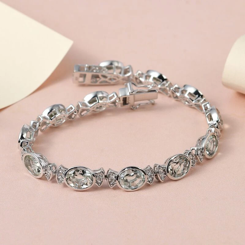 Prasiolith, Weißes Zirkon Armband, Ca. 19 Cm, 925 Silber Platiniert Ca. 20.99 Ct 4 Prasiolith, Weißes Zirkon Armband, Ca. 19 Cm, 925 Silber Platiniert Ca. 20.99 Ct – Bild 2