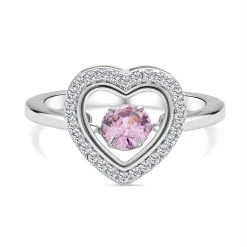 Rosa Und Weißer Zirkonia Ring In Herzform, 925 Silber Rhodiniert (Größe 19.00), Ca. 1,02 Ct