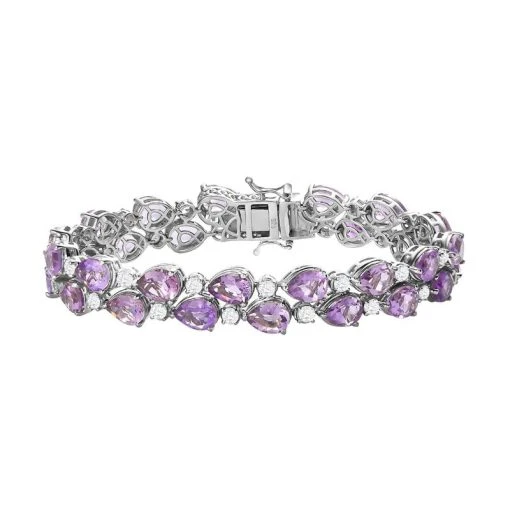 Rose De France Amethyst, Weißer Zirkon Armband Ca. 20 Cm 925 Silber Platiniert Ca. 35.93 Ct -Schmuck Shoplc 7362780