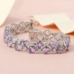 Rose De France Amethyst, Weißer Zirkon Armband Ca. 20 Cm 925 Silber Platiniert Ca. 35.93 Ct -Schmuck Shoplc 7362780 1