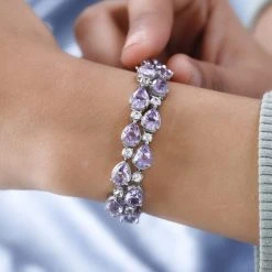Rose De France Amethyst, Weißer Zirkon Armband Ca. 20 Cm 925 Silber Platiniert Ca. 35.93 Ct -Schmuck Shoplc 7362780 2