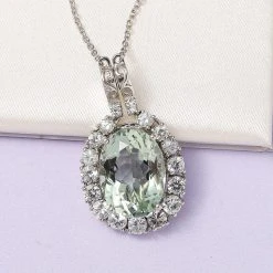 Prasiolith, Weißer Zirkon Anhänger Mit Kette Im Set, Ca. 50 Cm, 925 Silber Platiniert Ca. 15.10 Ct -Schmuck Shoplc 7371083 2