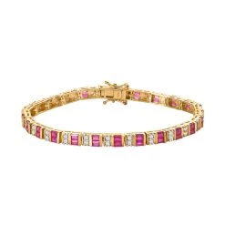 Afrikanischer Rubin (Fissure Gefüllt), Weißer Zirkon Armband Ca. 19 Cm 925 Silber Gelbgold Vermeil Ca. 8.45 Ct