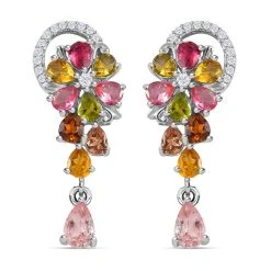 Natürlicher Mehrfarbige Turmalin Ohrringe, 925 Silber Platiniert Ca. 3.58 Ct