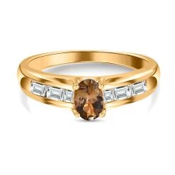 AA Natürlicher Goldener Tansanit, Weißer Zirkon Ring, 925 Silber Gelbgold Vermeil (Größe 17.00) Ca. 1.03 Ct