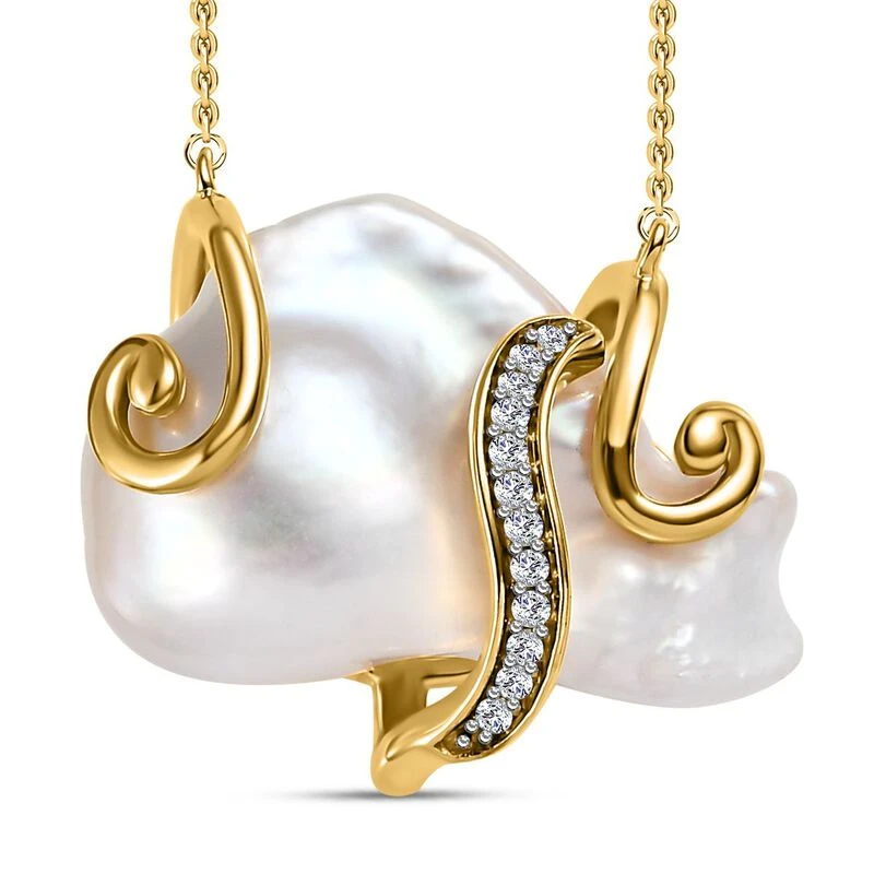 Weiße Barockperle, Weißer Zirkon Halskette, Ca. 45 Cm 925 Silber Gelbgold Vermeil Ca. 0.20 Ct 3 Weiße Barockperle, Weißer Zirkon Halskette, Ca. 45 Cm 925 Silber Gelbgold Vermeil Ca. 0.20 Ct