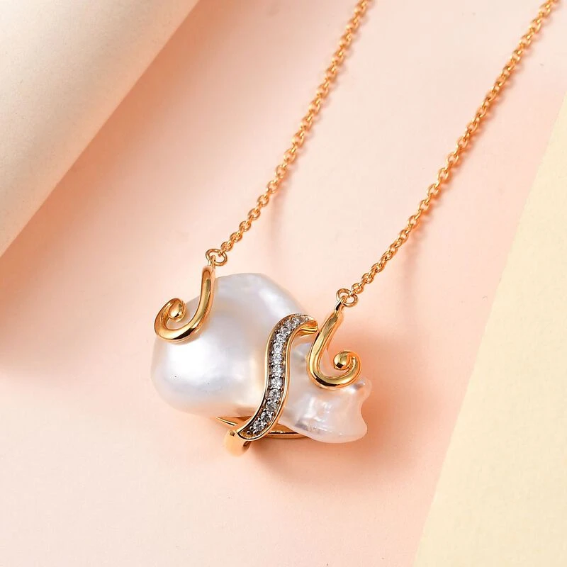 Weiße Barockperle, Weißer Zirkon Halskette, Ca. 45 Cm 925 Silber Gelbgold Vermeil Ca. 0.20 Ct 5 Weiße Barockperle, Weißer Zirkon Halskette, Ca. 45 Cm 925 Silber Gelbgold Vermeil Ca. 0.20 Ct – Bild 3