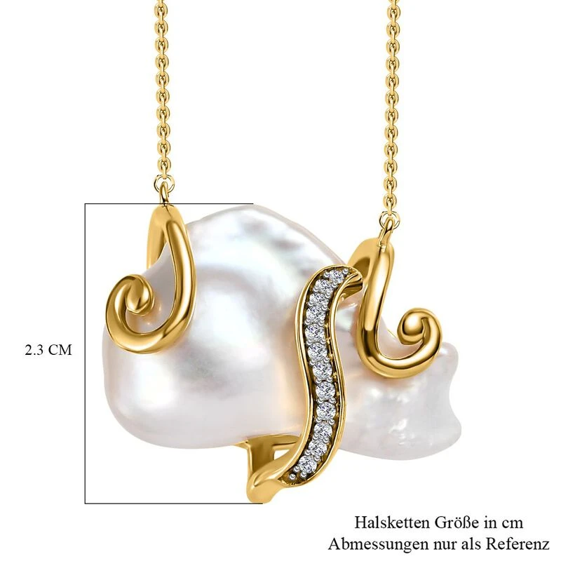 Weiße Barockperle, Weißer Zirkon Halskette, Ca. 45 Cm 925 Silber Gelbgold Vermeil Ca. 0.20 Ct 8 Weiße Barockperle, Weißer Zirkon Halskette, Ca. 45 Cm 925 Silber Gelbgold Vermeil Ca. 0.20 Ct – Bild 6