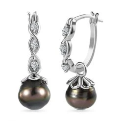 Tahiti Perle, Weißer Zirkon Ohrringe, 925 Silber Rhodiniert Ca. 0.24 Ct